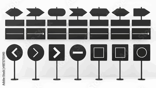 Various road signs on poles with arrows and symbols