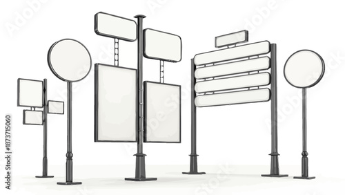 Various blank billboards and signs on poles in city setting