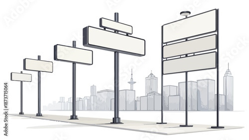 Billboards in city with blank advertising signs and skyline