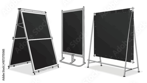 Three black display boards on modern metal stands for advertising