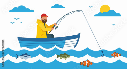  Fisherman Fishing from Boat
A flat vector illustration of a fisherman standing on a small boat, casting a fishing rod into the sea. Waves, sky, and fish icons visible. 