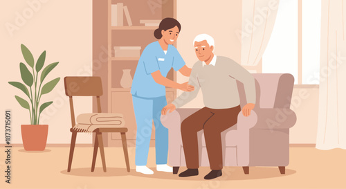 Caretaker Helping Elderly Sit Down
A flat vector illustration of a caretaker gently helping an elderly person sit on a chair or bed. Calm home interior background. 