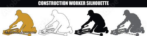 Industrial Tiler Silhouette Icons Set Cutting Ceramic Floor Tiles for Professional Installation