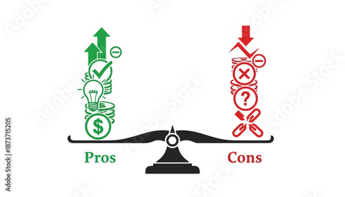 A visual representation of a balance scale weighing pros and cons with various symbolic icons for evaluation and decision-making.