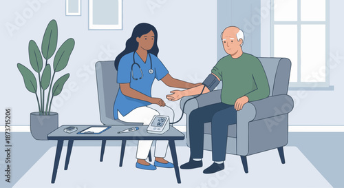 Caretaker Monitoring Health
A flat vector illustration of a caretaker checking an elderly person’s health using simple devices such as blood pressure monitor. Flat vector style, professional caregivin