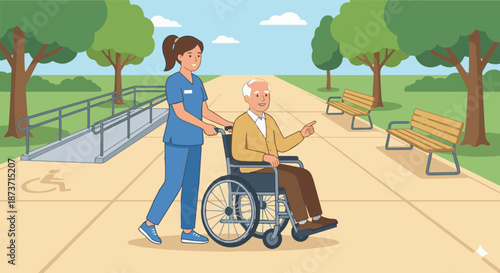 Caretaker Helping with Wheelchair
A flat vector illustration of a caretaker assisting an elderly person in a wheelchair. Clean indoor or outdoor environment. 
