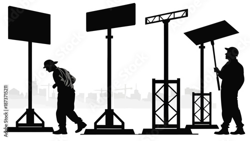 Workers setting up large blank advertising billboards in city