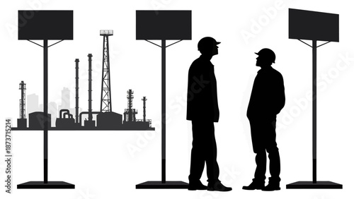 Two workers in industrial setting with blank billboards and factory backdrop