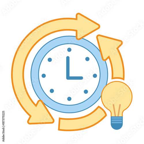 A clock surrounded by rotating arrows and a light bulb for efficiency