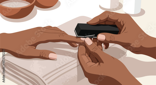 Close-up of hands buffing nails during a manicure session