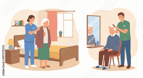 Caretaker Assisting Daily Activities
A flat vector illustration of a caretaker helping an elderly person with daily activities such as dressing or grooming. 