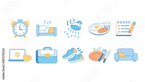 Collection of modern line icons related to daily activities routines lifestyle habits personal tasks and everyday life organization