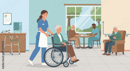 Caretaker in Nursing Home
A flat vector illustration of a caretaker working in a nursing home environment. Other seniors and care equipment visible in the background. 
