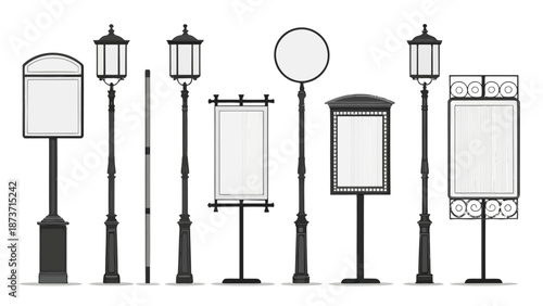 Various street signs and lamp posts in black and white illustration