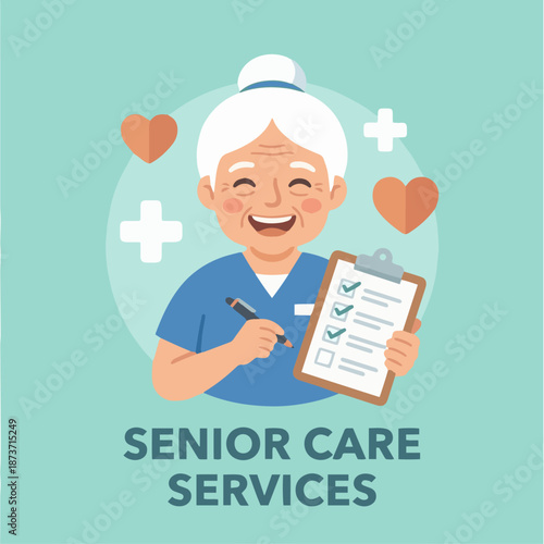 Friendly Elderly Caretaker Portrait
A flat vector illustration of a friendly elderly caretaker smiling confidently, holding a clipboard or assisting tool. Simple background with heart or care icons. F