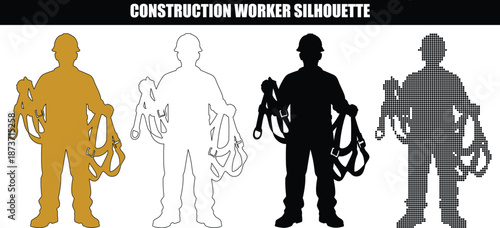 Fall Protection Safety Silhouette Collection Showing Worker with Climbing Harnesses and Equipment