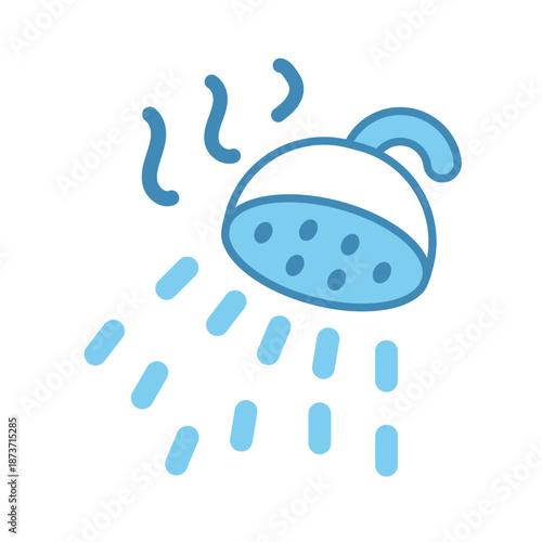 A blue shower head with flowing water droplets representing hygiene and morning routine