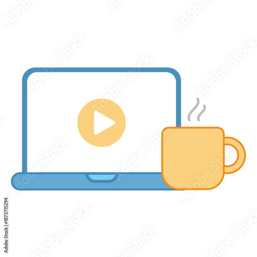 A laptop showing a video play button next to a steaming mug of coffee