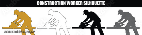 Professional Carpenter Silhouette Graphics Using Electric Circular Saw for Wood Cutting and Joinery
