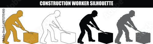 Construction Laborer Silhouette Set Using a Crowbar to Open a Wooden Crate or Box