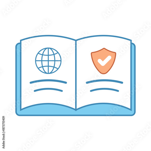An open guidebook with globe and shield icons for safe travel planning