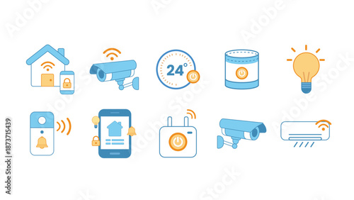Collection of modern line icons related to smart home automation connected devices home technology and intelligent living systems