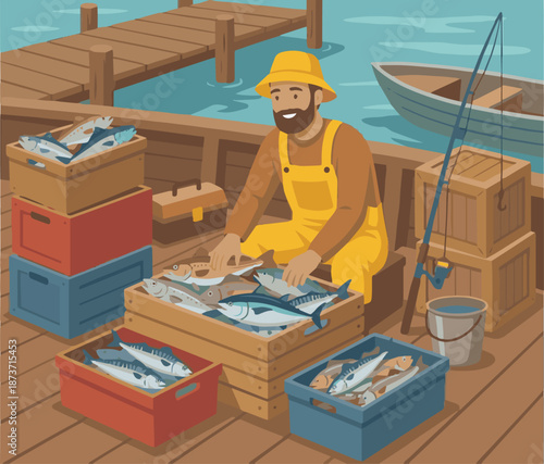 Fisherman Sorting Fish
A flat vector illustration of a fisherman sorting fish on the dock or boat deck. Crates and fish visible. Flat vector style, occupational theme.