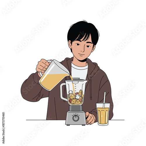 Young man with black hair in a brown hoodie pouring yellow juice into a blender to make a smoothie.