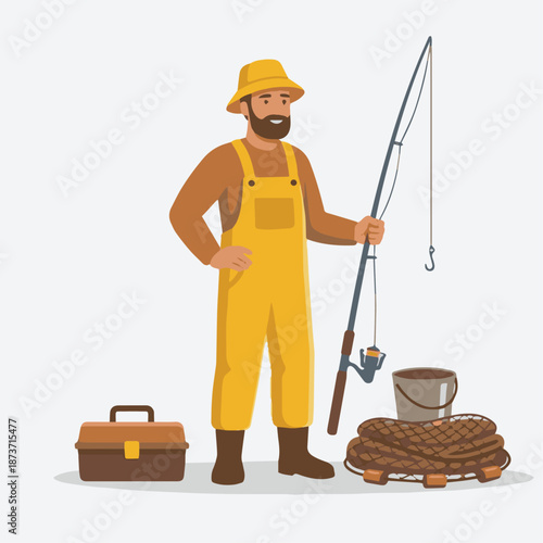 Fisherman with Fishing Equipment
A flat vector illustration of a fisherman standing with fishing equipment such as rod, bucket, and net. Flat vector style suitable for icon or branding use.