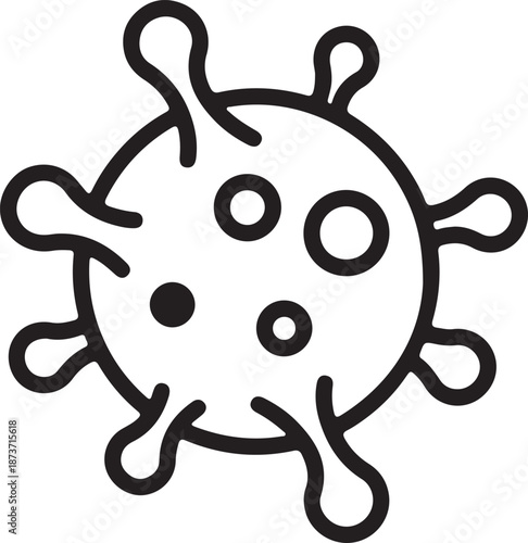 Black and white illustration of a virus on transparent background icon symbol medical health disease microscope biology virology microorganism cell structure simple line drawing cartoon