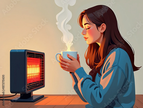 A young woman finds comfort and warmth, sipping a hot beverage by a radiant electric heater