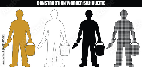 Construction Worker Silhouette Holding Masonry Trowel and Bucket for Bricklaying and Cement Application
