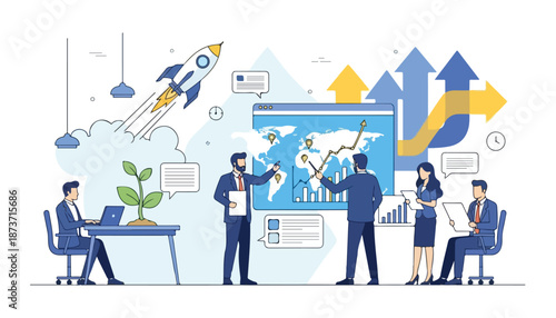 Business team analyzing global market data for startup growth and strategic planning.