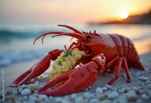 Luxurious Lobster Tail with Luscious Butter Dip in Scenic Coastal Setting