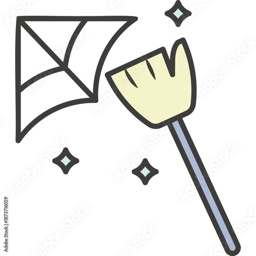 Broom sweeping cobwebs, cleaning concept illustration