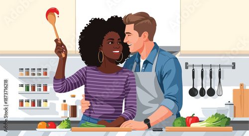 Happy diverse couple cooking together in a modern kitchen