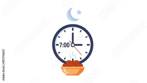 A vector graphic illustration of a clock and bowl of food under a crescent moon and star