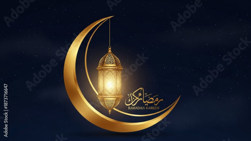 A golden crescent moon with a lantern and Arabic calligraphy on a dark blue background