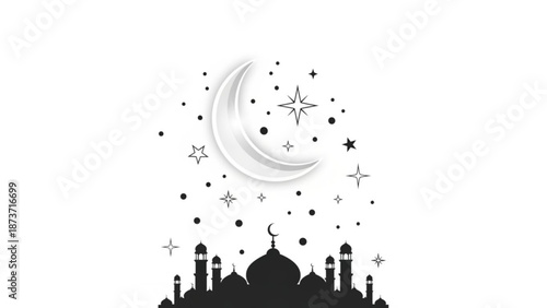 A minimalist vector graphic of a mosque silhouette under a crescent moon and stars