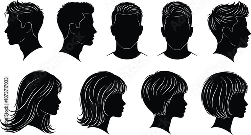 Set of male and female head silhouettes with diverse modern hairstyles featuring side profiles and front views for hair salon branding.