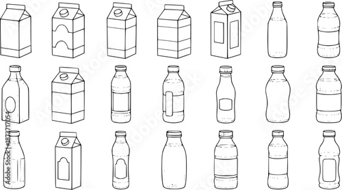 Milk Containers Line Art Set: Various Cartons and Bottles Vector Illustrations