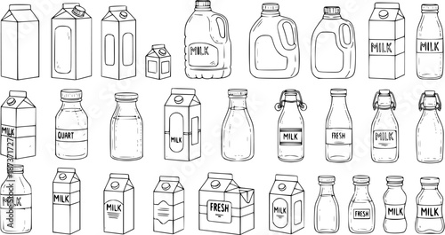 Vector Hand-Drawn Sketch Collection of Various Milk Containers and Packaging. Assortment of Cartons, Bottles, and Jugs for Dairy Products.