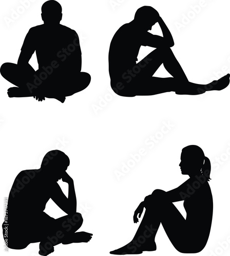 Set of male and female silhouettes sitting on floor in contemplative poses representing mental health, meditation, loneliness, and peaceful reflection.