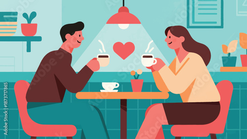 Illustration Of Couple Drinking Coffee Together In Cafe, Cozy Atmosphere, Love And Relationship Theme Vector Design Template