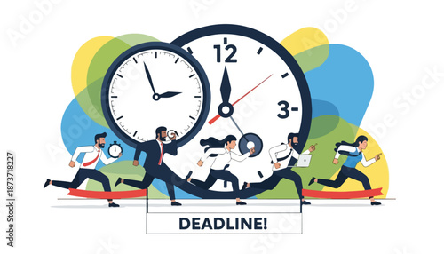 Business people racing against time to meet a deadline, illustrating urgency and time management in a corporate environment.