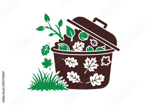A vibrant glyph icon for yard waste collection. This includes organic waste from residential gardens and lawns. Such as grass clippings, leaves, and branches. Isolated vector illustration.