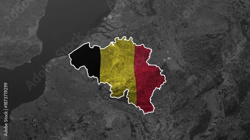 Belgium's national flag overlaying a grayscale map of the country's geographical borders