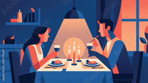 Illustration Of Couple Enjoying Quiet Dinner At Home With Candles, Warm Romantic Tone Vector Design Template