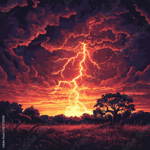 A dramatic digital art illustration of a powerful lightning bolt striking a savanna landscape during a fiery sunset e , vector style simple color