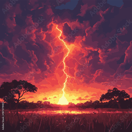 A dramatic digital art illustration of a powerful lightning bolt striking a savanna landscape during a fiery sunset e , vector style simple color